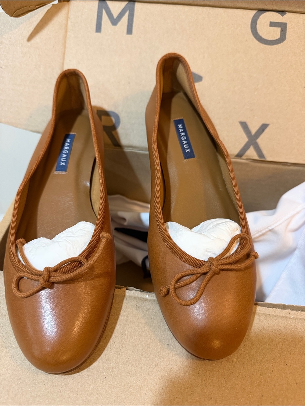 Margaux Cognac Leather Ballet Flats with Bow Trim